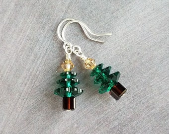 Christmas Earrings, Christmas tree earring, Xmas earring, sparkle holiday earrings, emerald green tree, crystal earrings, gold gifts for her