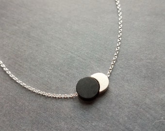 Sun Moon Necklace, silver solar eclipse necklace, delicate chain, celestial jewelry, moon shadow necklace, black silver crescent new moon