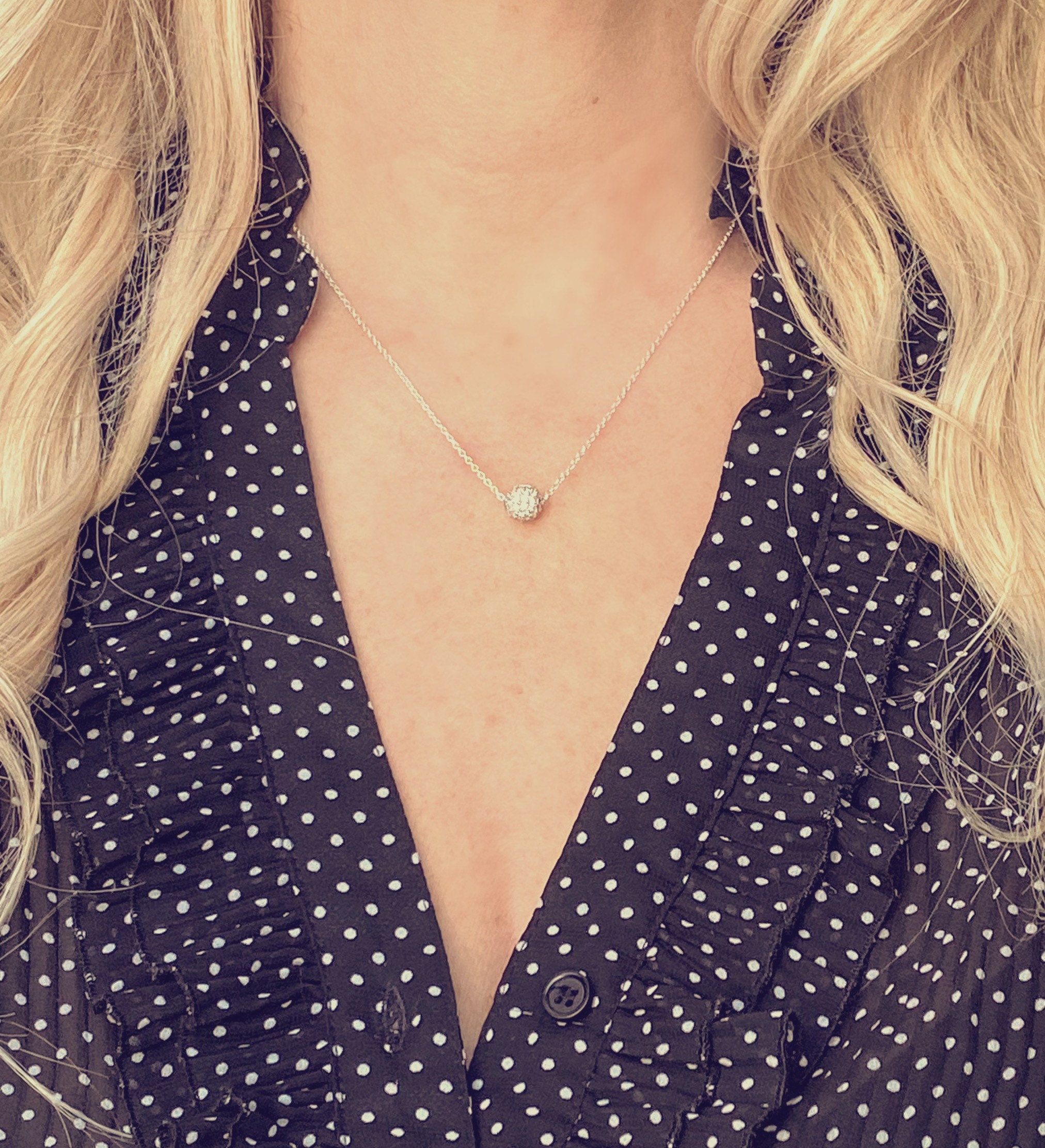 Gold Pave Ball Necklace, Round Crystal Slider, Thin Gold Chain
