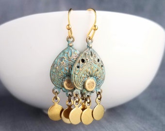 Small Turquoise Gold Earrings, small chandelier earring, little chandelier earring blue green patina teardrop Boho earring gold dangle disks