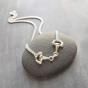 Könnte beinhalten: Eine silberfarbene Halskette mit einem Gebiss-Anhänger. Der Anhänger, mit einem klassischen Gebiss-Design, ist an einer feinen Kette befestigt. Die Halskette wird auf einem grauen Stein vor grauem Hintergrund präsentiert.