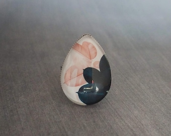 Pink Navy Blue Ring, salmon pink leaves, navy blue leaves, glass tear drop, hypoallergenic stainless steel ring, floral statement adjustable