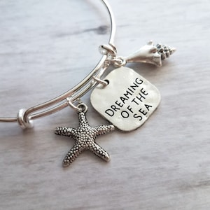 Ocean Bracelet, silver bangle bracelet, ocean bangle, starfish bracelet, silver conch shell, beach bracelet, vacation gift, sea bracelet
