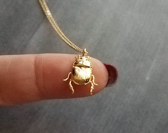 Little Gold Bug Necklace, small beetle pendant, thin delicate 18 in chain, 3D double sided charm, 14K gold fill chain opt, insect jewelry