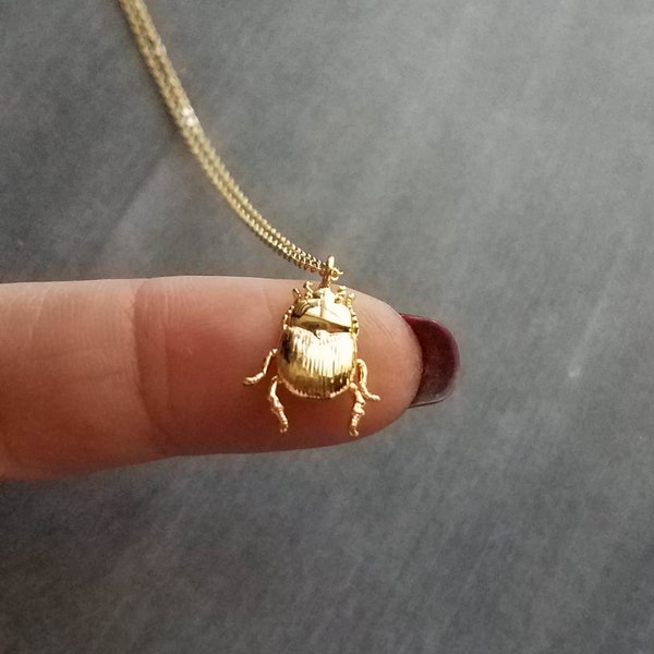 Little Gold Bug Necklace, small beetle pendant, thin delicate 18 in chain, 3D double sided charm, 14K gold fill chain opt, insect jewelry