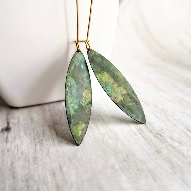 thin flat pointed ellipse oval in verdigris patina Long Drop Earrings mottled splotch in blue green aqua brown on gold aged kidney hooks