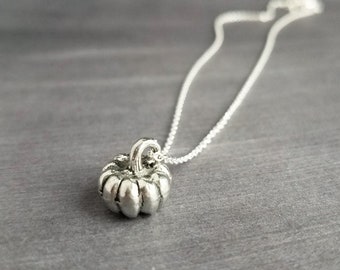 Silver Pumpkin Necklace, antique silver Halloween necklace, fall necklace, pumpkin pendant, small pumpkin charm, silver jack o lantern