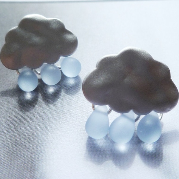 Rain Cloud Earrings, matte silver cloud, blue raindrops, rain drops keep falling on my head, 925 sterling silver posts, small storm earrings