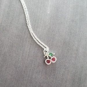 Silver Cherry Necklace, Michigan cherries, pink cherry pendant, cherry charm, small cherries, tiny necklace, cherry jewelry, crystal cherry