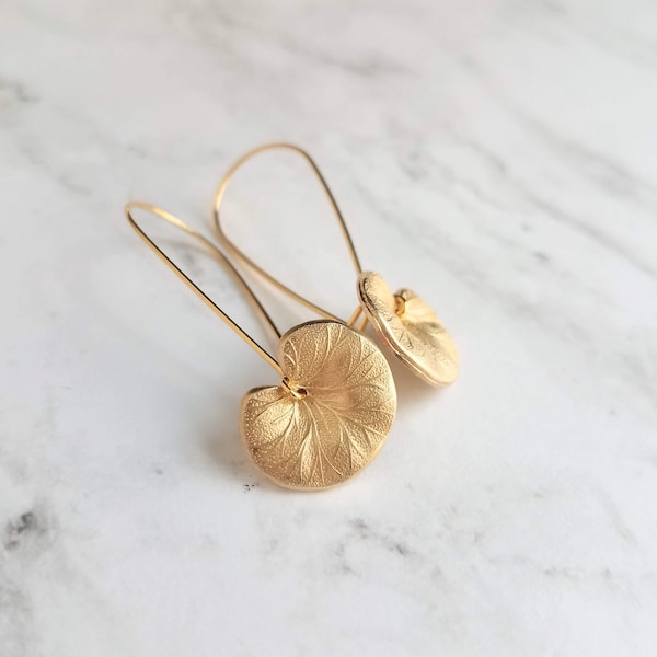 Lotus Leaf Earrings, gold lily pads, small lotus earring, little gold leaves, lilypad dangle earring, latching kidney wires, rebirth, frog