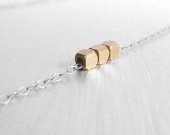 Little Cube Necklace, oxidized .925 sterling silver chain, dainty necklace, tiny squares, solid brass gold beads, dark silver simple minimal