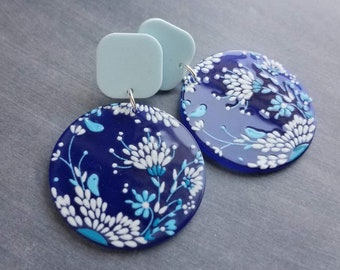 Large Round Blue Earrings, 80s style earring, chunky earring, cobalt blue white floral, birds flowers, lightweight pale aqua acrylic plastic