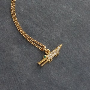 Gold Alligator Necklace, 24K gold over sterling silver pendant, cubic zirconia pendant, gator necklace crocodile necklace gold croc necklace