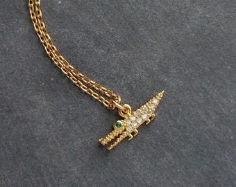 Gold Alligator Necklace, 24K gold over sterling silver pendant, cubic zirconia pendant, gator necklace crocodile necklace gold croc necklace