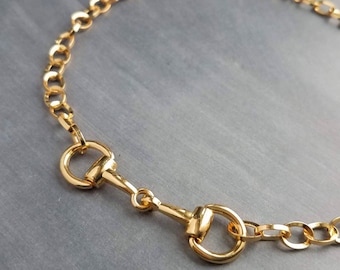 Gold Snaffle Bit Horse Necklace, chunky chain, equestrian necklace, gold horse necklace, snaffle necklace, D ring, thick gold chain, heavy