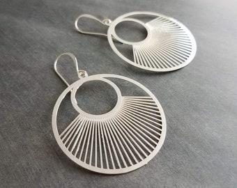 Large Silver Spokes Earrings, large silver circle earrings, statement earrings, large earrings, sun ray earring, big round lightweight