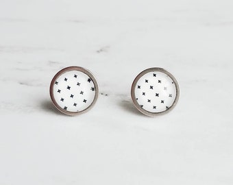 Black White Stud Earrings, monochromatic earring, steel earring, plus earring, cross earring, minimalist, x studs, small hypoallergenic stud