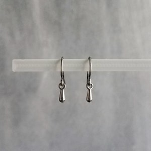 以下が含まれることがあります： 小さく銀色のドロップイヤリングのペア。各イヤリングはシンプルなフックと涙の形をしたチャームが特徴です。イヤリングは明るい灰色の背景に表示されています。