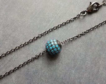 Gunmetal Turquoise Ball Necklace, blue CZ pendant, turquoise crystal pave bead, thin chain, 8mm ball, slider pendant, silver black chain