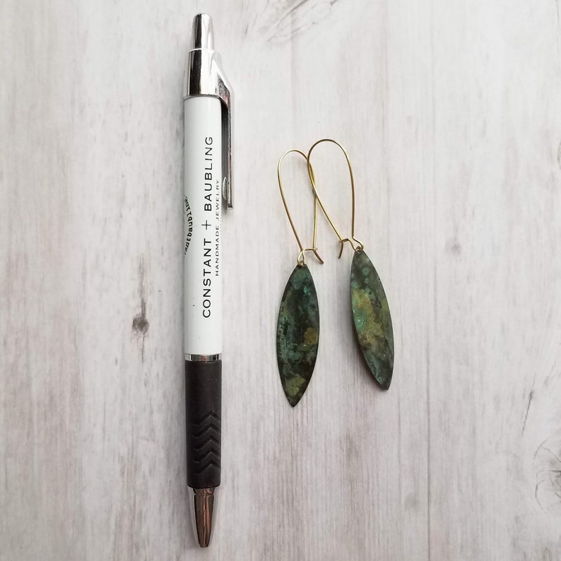 thin flat pointed ellipse oval in verdigris patina Long Drop Earrings mottled splotch in blue green aqua brown on gold aged kidney hooks