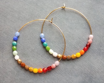 Rainbow Bead Earrings, large thin gold hoop, summer earring, beaded hoop, colorful earring, multicolor beads earring, rainbow earring, ombre