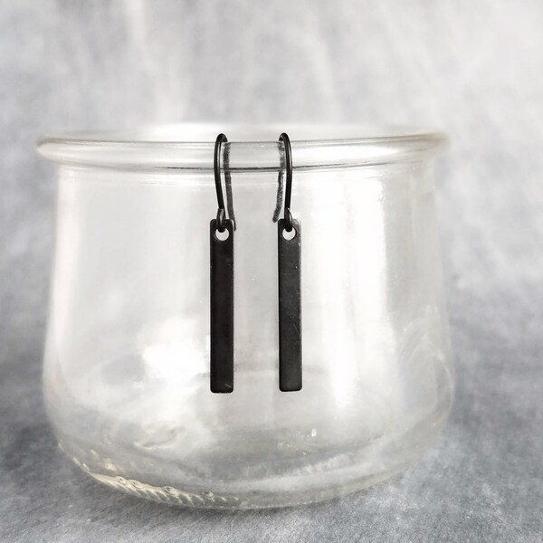 Short Black Bar Earrings, 1.3 inch small earring, minimalist, narrow black earring, thin earring, matte black earrings, flat rectangle