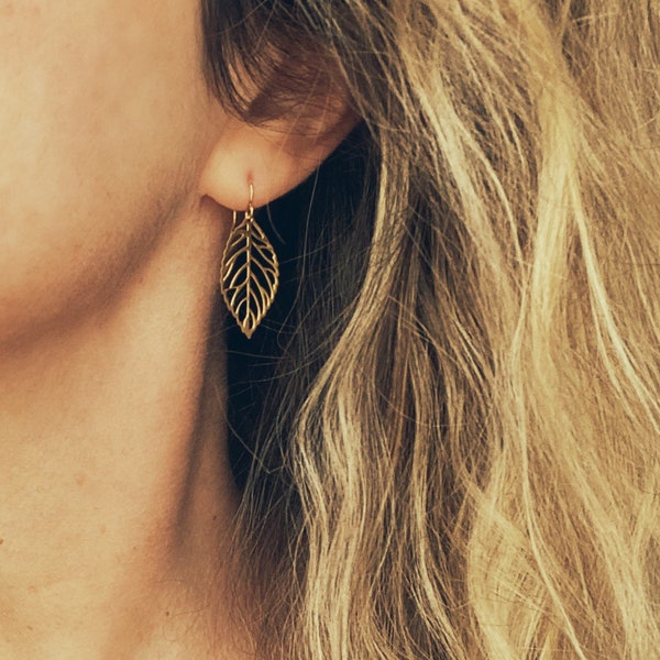Gold Leaf Earrings, gold filigree leaf earring, cut out leaf earring, punched leaf earring, delicate, 14K SOLID GOLD or filled hook upgrade