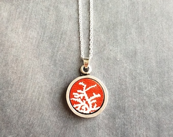 Coral Necklace, red white coral necklace, coral pendant, silver coral necklace, silver chain, round pendant necklace, red pendant, antique