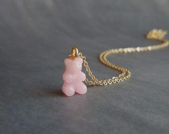 Light Pink Gummy Bear Necklace, bubblegum pink bear charm, candy necklace, dainty gold chain, tiny little gummy bear, small bear pendant