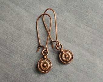 Long Copper Drop Earring, small round earring, antique copper earring, dainty copper earring small copper earring copper disk earring rustic