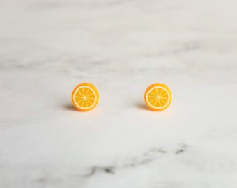 Orange Earrings, tiny orange studs, fruit earrings, orange slice earring citrus jewelry chef foodie Florida gift small round stainless steel