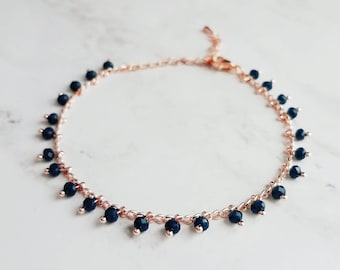 Pulsera fina de oro rosa / tobillera, oro rosa azul marino, oro rosa delicado, tobillera de oro rosa, tobillera con cuentas, pulsera delicada de oro rosa, pequeña