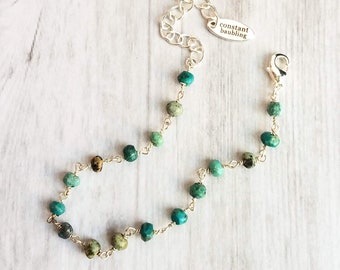 Chrysocolla Teal Stone Bracelet- tiny semi precious gemstones w/ adjustable silver chain, blue green aqua brown little beads