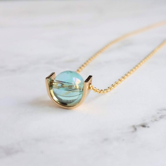 Modern Gold Necklace Blue Glass Pendant 