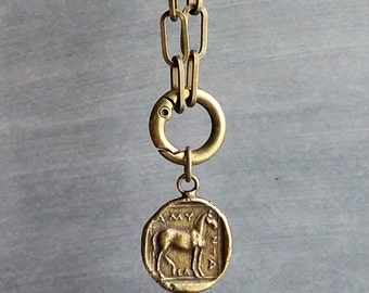 Antique Brass Thick Chain, replica coin horse pendant charm, antique bronze chunky link necklace, big round front clasp, birthday girl gift