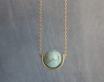 Gold Stone Necklace, eclipse necklace, turquoise blue stone, light blue stone pendant, howlite necklace, gold semicircle, modern half circle