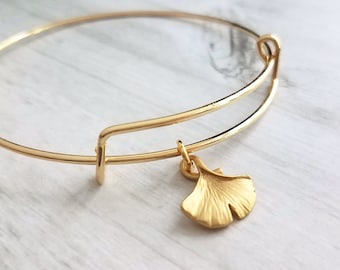 Gold Bangle Bracelet, ginkgo bracelet, simple gold bracelet, small ginkgo leaf, stacking bracelet, gold wire bracelet, hope peace symbol