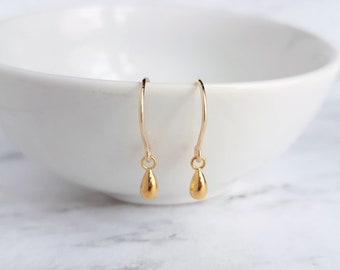 Little Gold Teardrop Earrings, 14K gold fill hooks, small gold drop earring, tiny teardrop earring, small dangle earring, gold raindrop