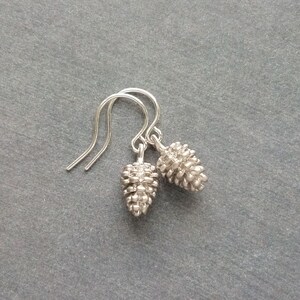 May include: A pair of silver-colored earrings featuring a detailed pine cone design. The earrings have a hook closure and are displayed against a gray background. The earrings are a nature-inspired accessory.