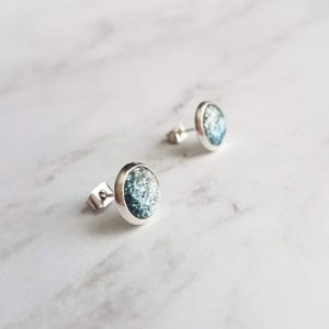 Blue Stud Earrings glitter ombre silver to blue gradient facet cut in little round silver bezel small simple sparkling everyday jewelry image 6