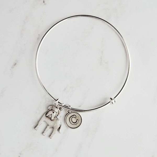 English Mastiff Bracelet - silver bangle adjustable double loop pet dog charm - personalized letter initial monogram - puppy accessory
