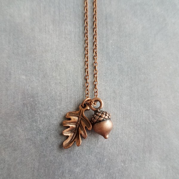 Autumn Copper Necklace, oak leaf pendant, small acorn pendant, oak tree necklace, copper acorn antique copper necklace fall jewelry oxidized