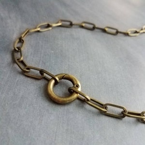 Antique Brass Chunky Chain, antique bronze thick link necklace, thick lightweight chain, big round front clasp, spring gate clasp, girl gift