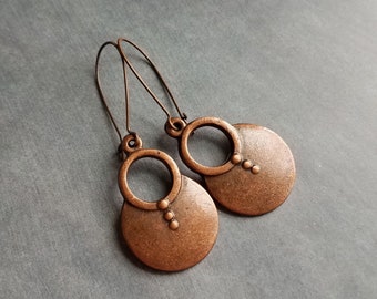 Large Copper Dangle Earrings, oxidized copper earrings, rustic earrings, antique copper earrings, copper boho earring, round, kidney hook
