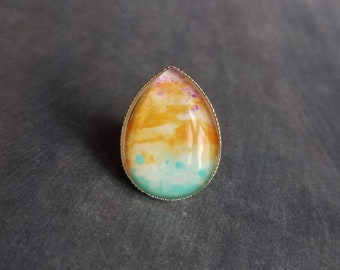 Sunset Ring, beach ring, silver beach sunset ring, statement ring, large teardrop ring, watercolor ring, vibrant ring, aqua pink orange 6 10