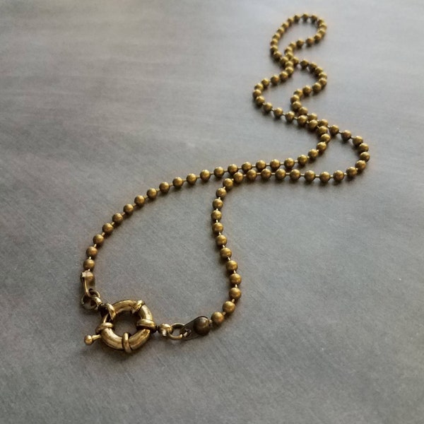 Antique Brass Ball Chain, bronze ball chain, large front clasp necklace, bronze chain, sailor clasp, antique gold chain, beaded necklace