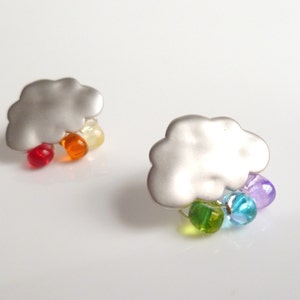 Silver Cloud Earrings, rainbow drops, colorful glass teardrops, 925 sterling silver posts, rainbow cloud earring, rain storm stud, matte image 3