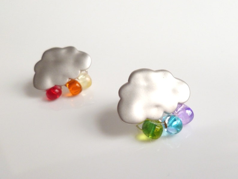 Silver Cloud Earrings, rainbow drops, colorful glass teardrops, 925 sterling silver posts, rainbow cloud earring, rain storm stud, matte image 3