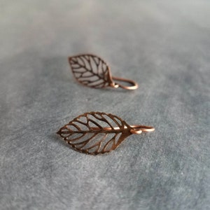 Copper Leaf Earrings, small dark copper leaves, little copper earring, antique copper filigree earring cut out design, fall gift, autumn