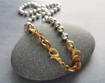 Silver Ball Chain Necklace, stainless steel 6mm round, mixed metal silver gold, raw brass solid metal, lobster front clasp, chunky punk